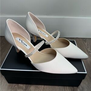 Nina White Heels with Rhinestone Accent